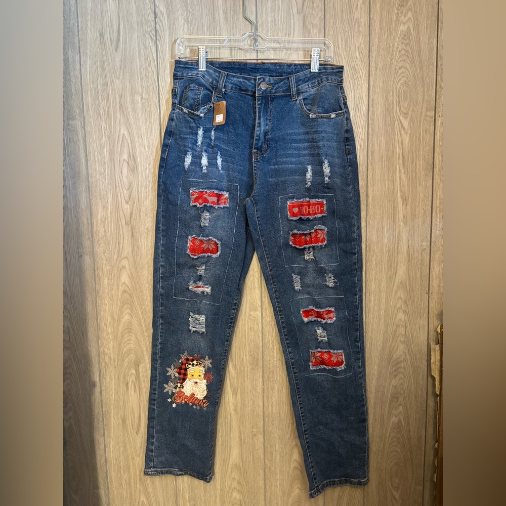 Distressed Blue Jeans with Red Patchwork